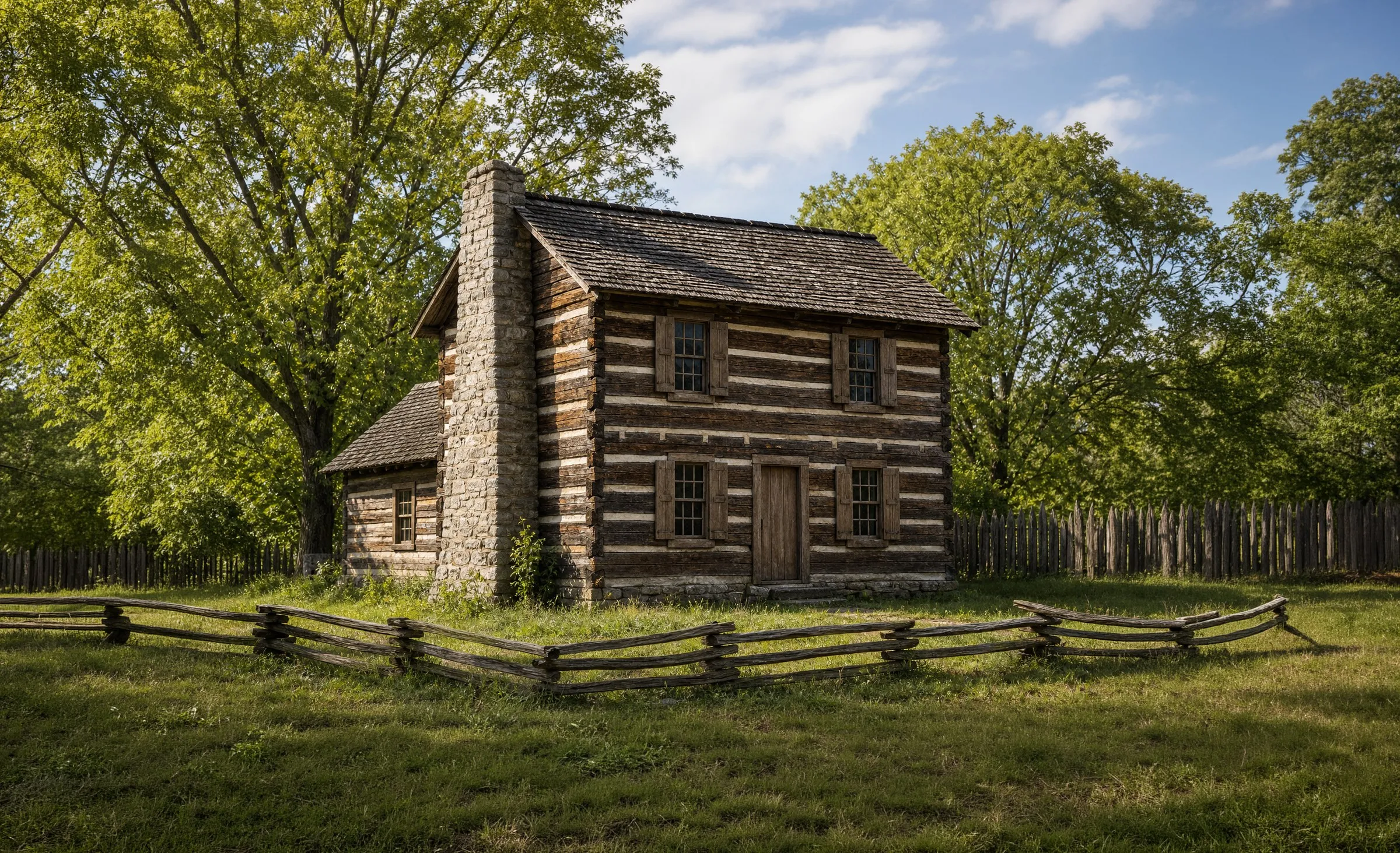 The two story log house under tall trees: hewn logs, a stone chimney, shuttered windows and a split rail fence across the grass