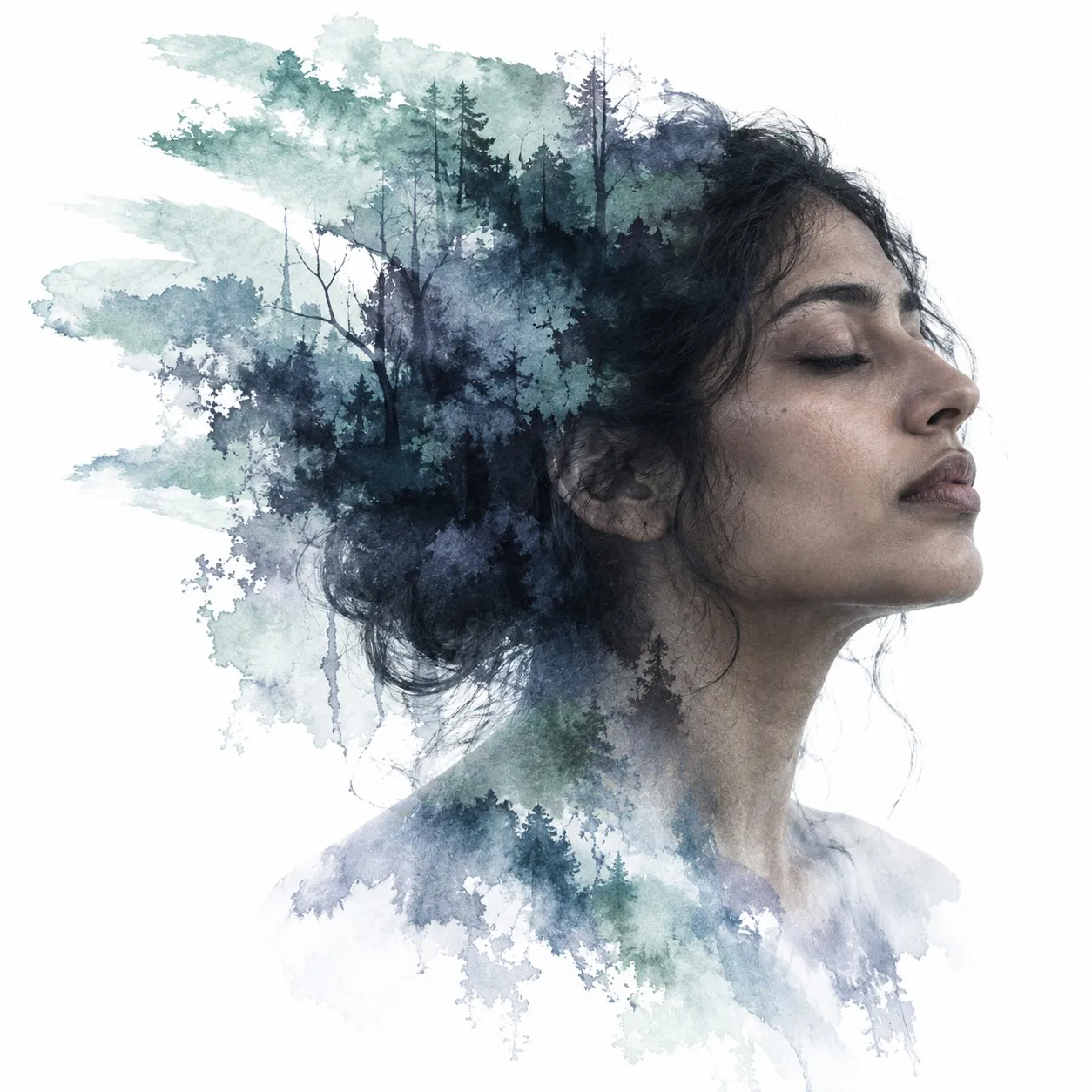 A woman’s profile, eyes closed, dissolving into a misty blue-green forest, the orange b in the corner