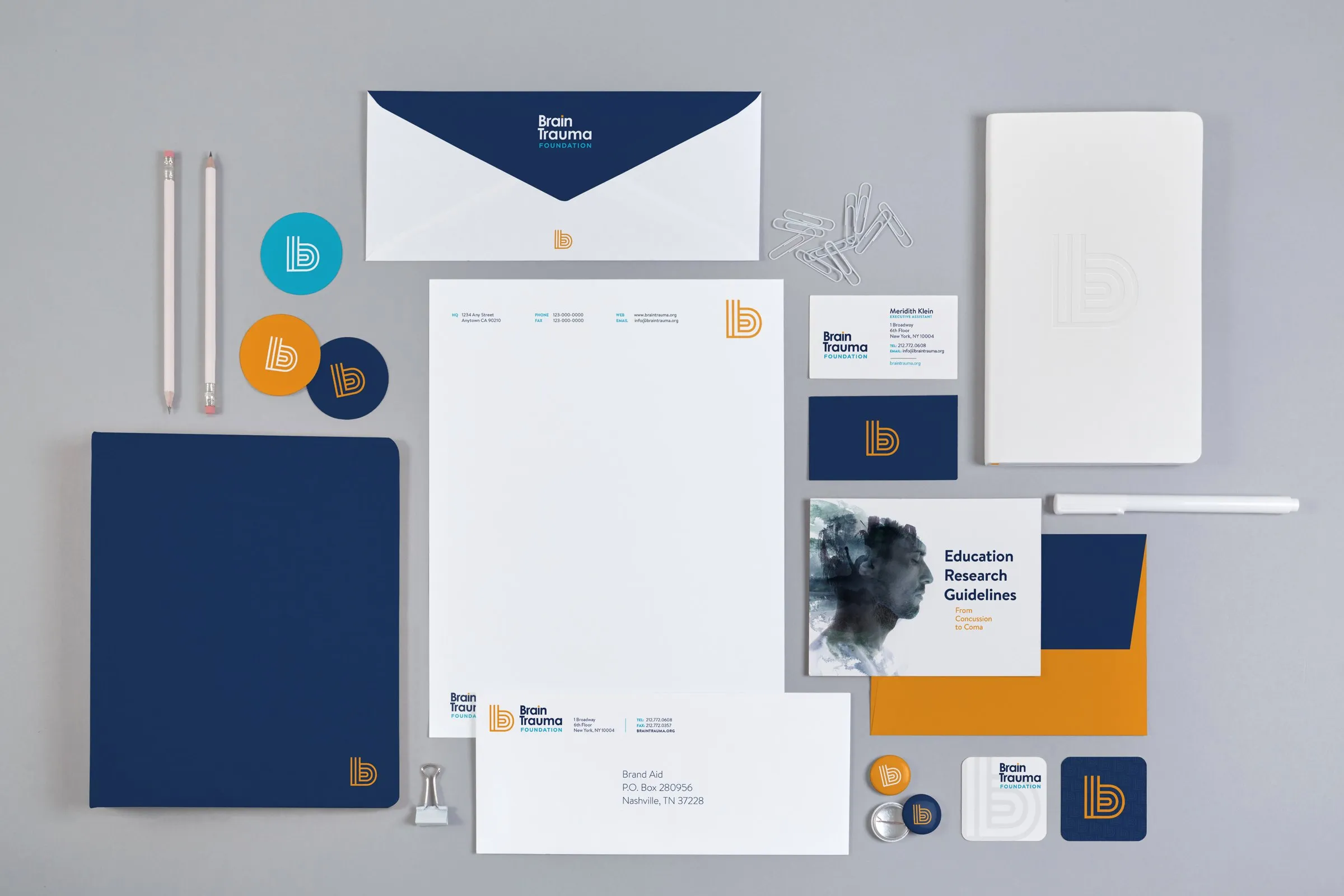 The Brain Trauma Foundation stationery laid out on gray: envelopes, letterhead, cards, folders, stickers and a notebook