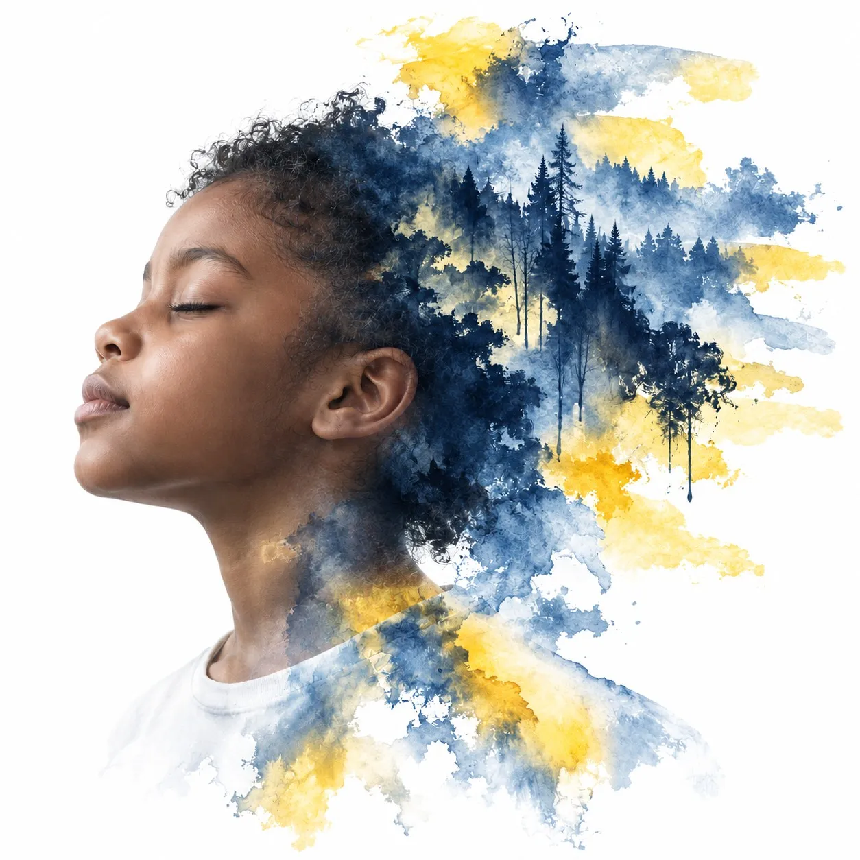 A girl’s profile dissolving into blue pines and yellow ink