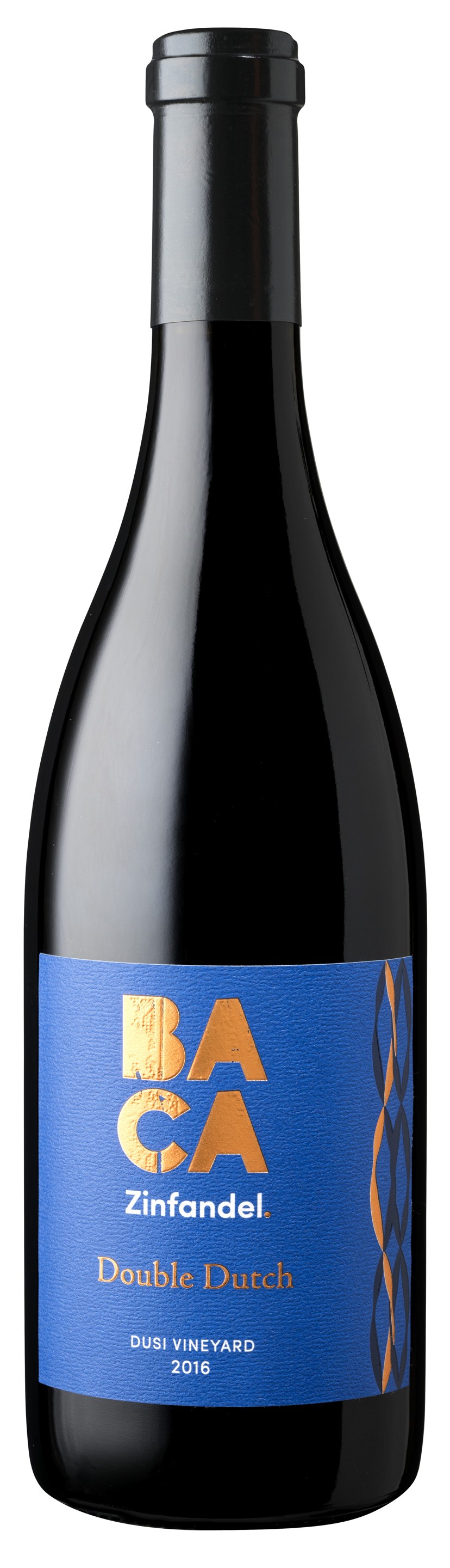 A bottle of BACA Double Dutch Zinfandel, the stacked mark in orange on a cobalt label