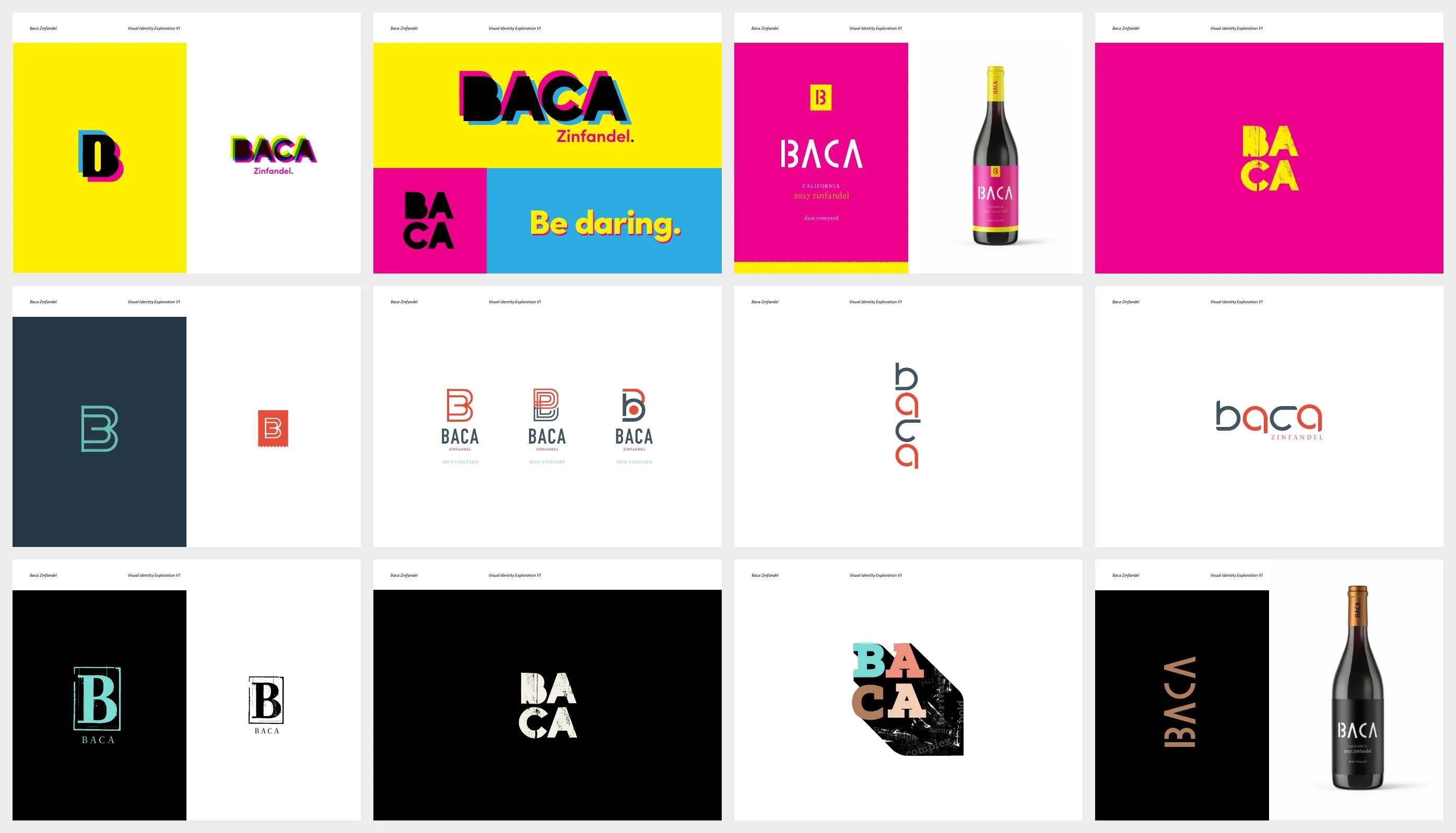 Round one logo explorations on a board: three directions for the BACA wordmark in their colors