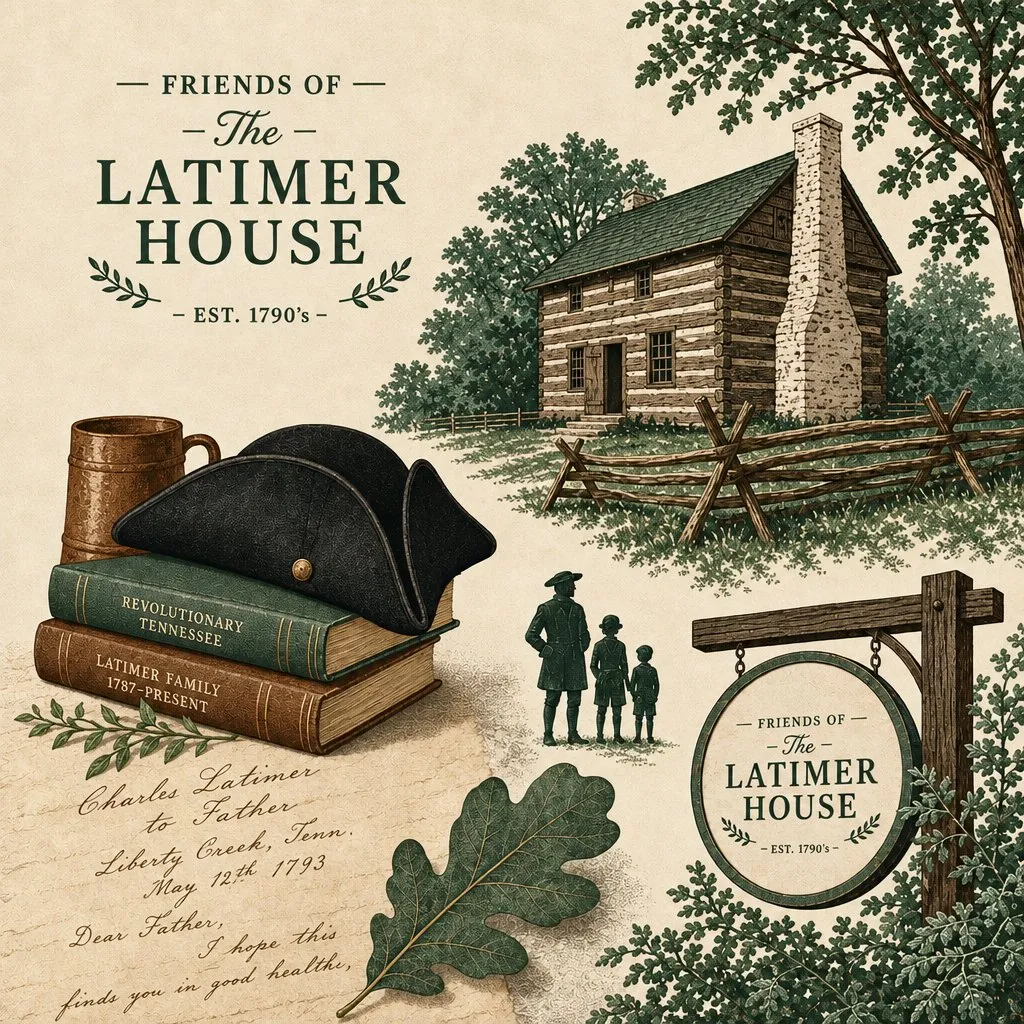 An illustrated history page: the log house, a tricorn hat, books and a letter home, with the Latimer House sign