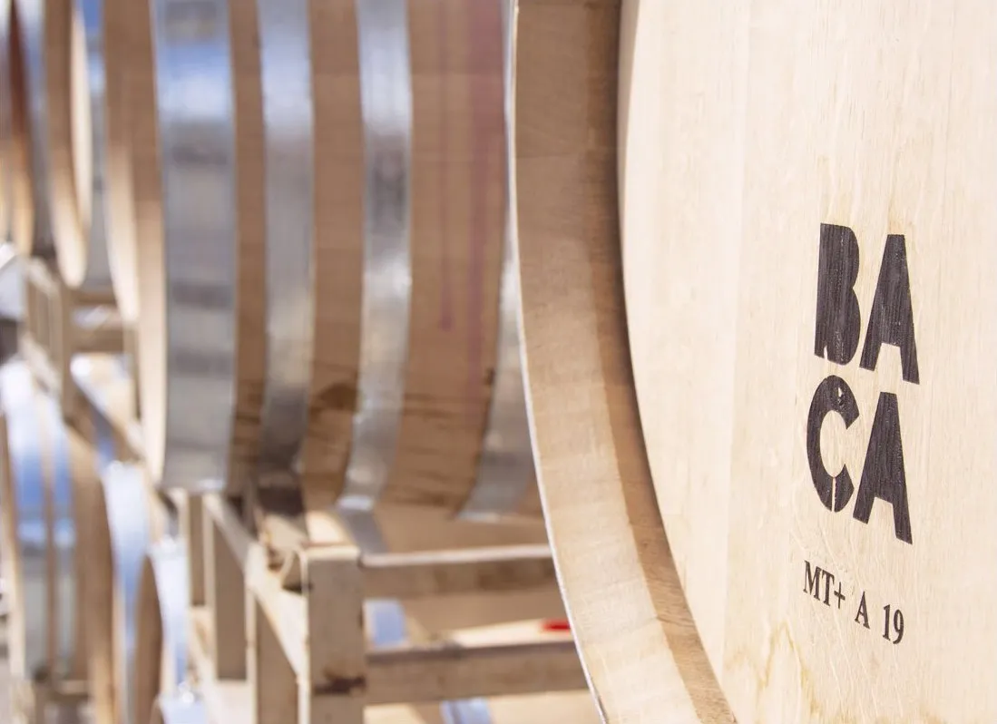 The stacked BACA mark stenciled on the head of a wine barrel