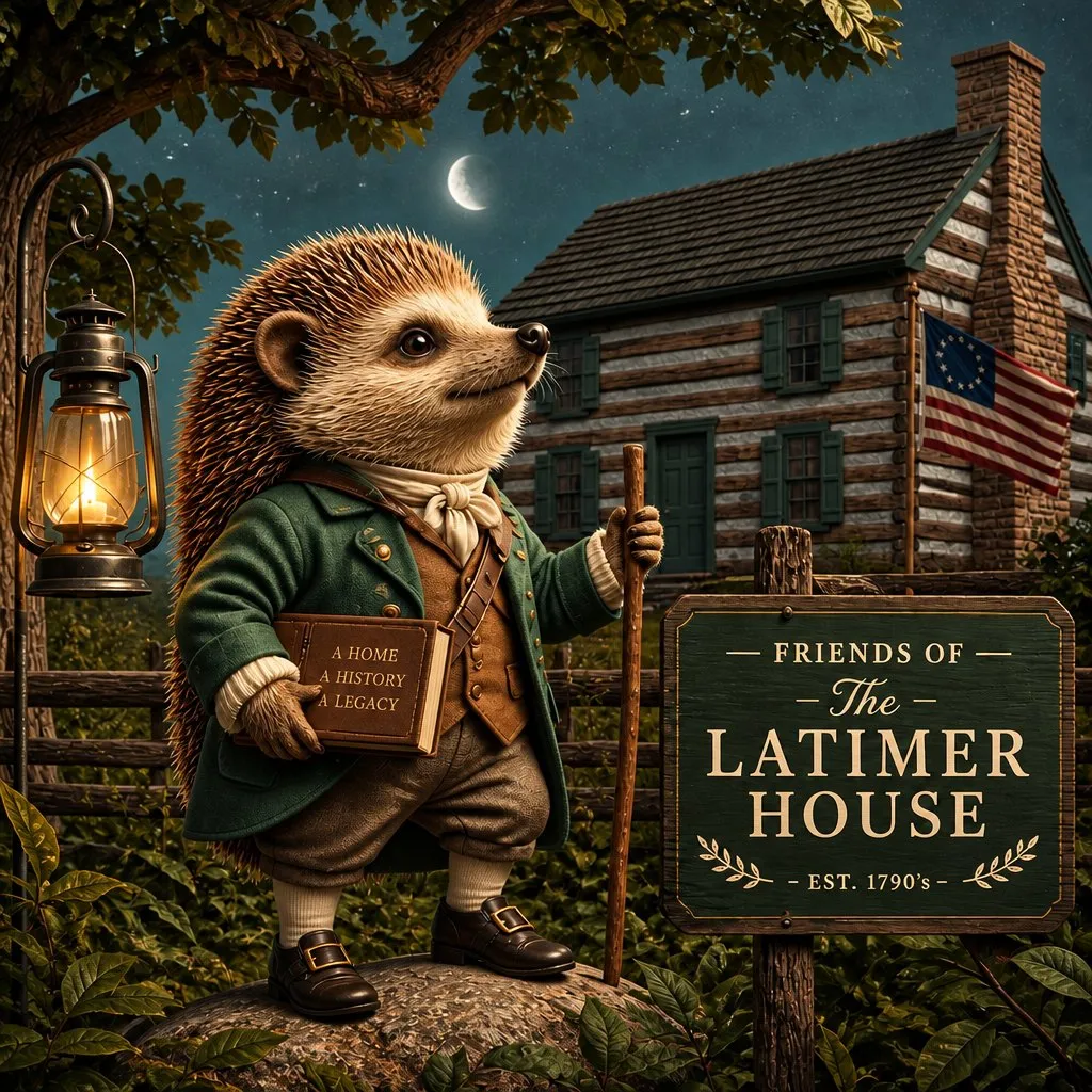 A storybook hedgehog in colonial dress beside the log house and the Latimer House sign