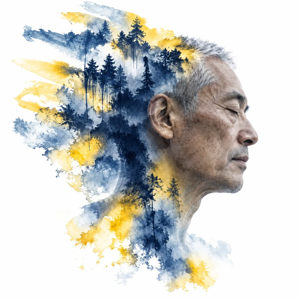 An older man’s profile dissolving into blue pines and yellow ink