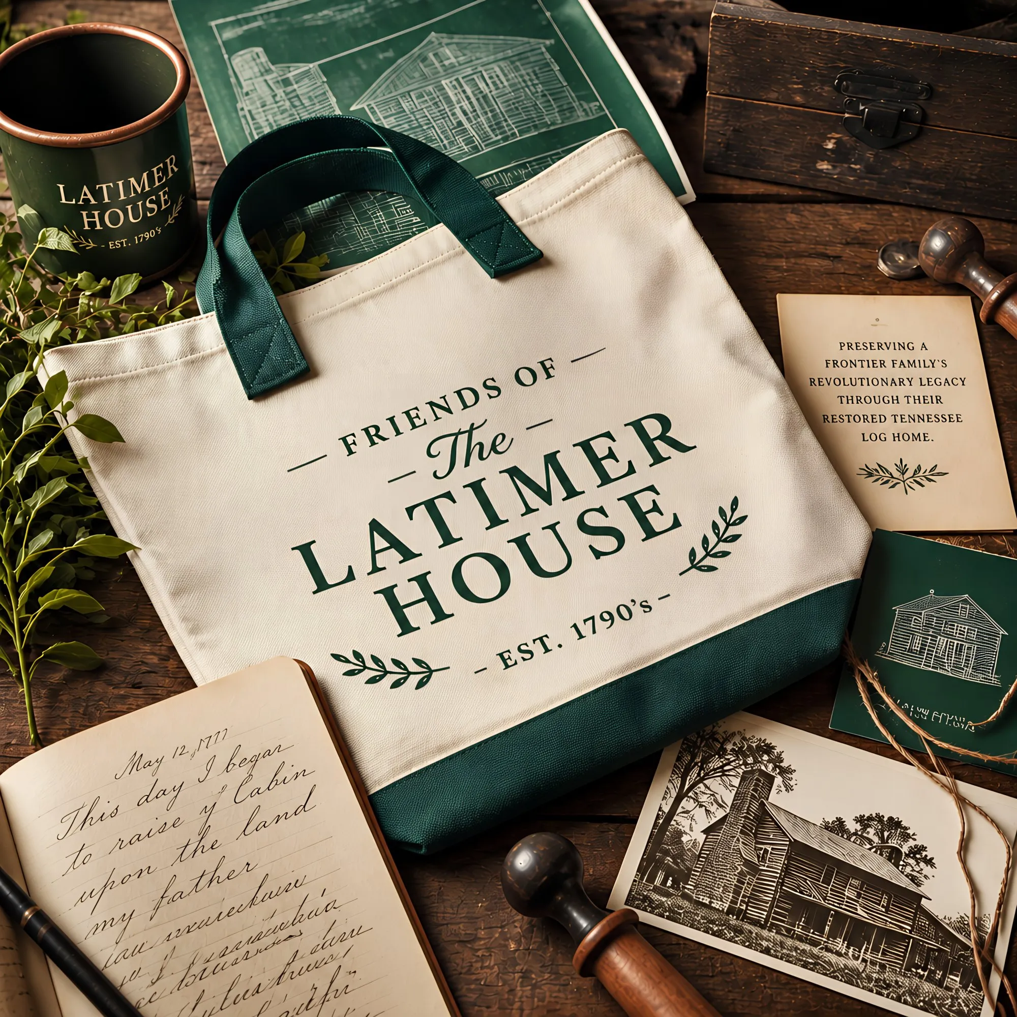 A canvas tote with the Latimer House wordmark on a table of old letters and photographs