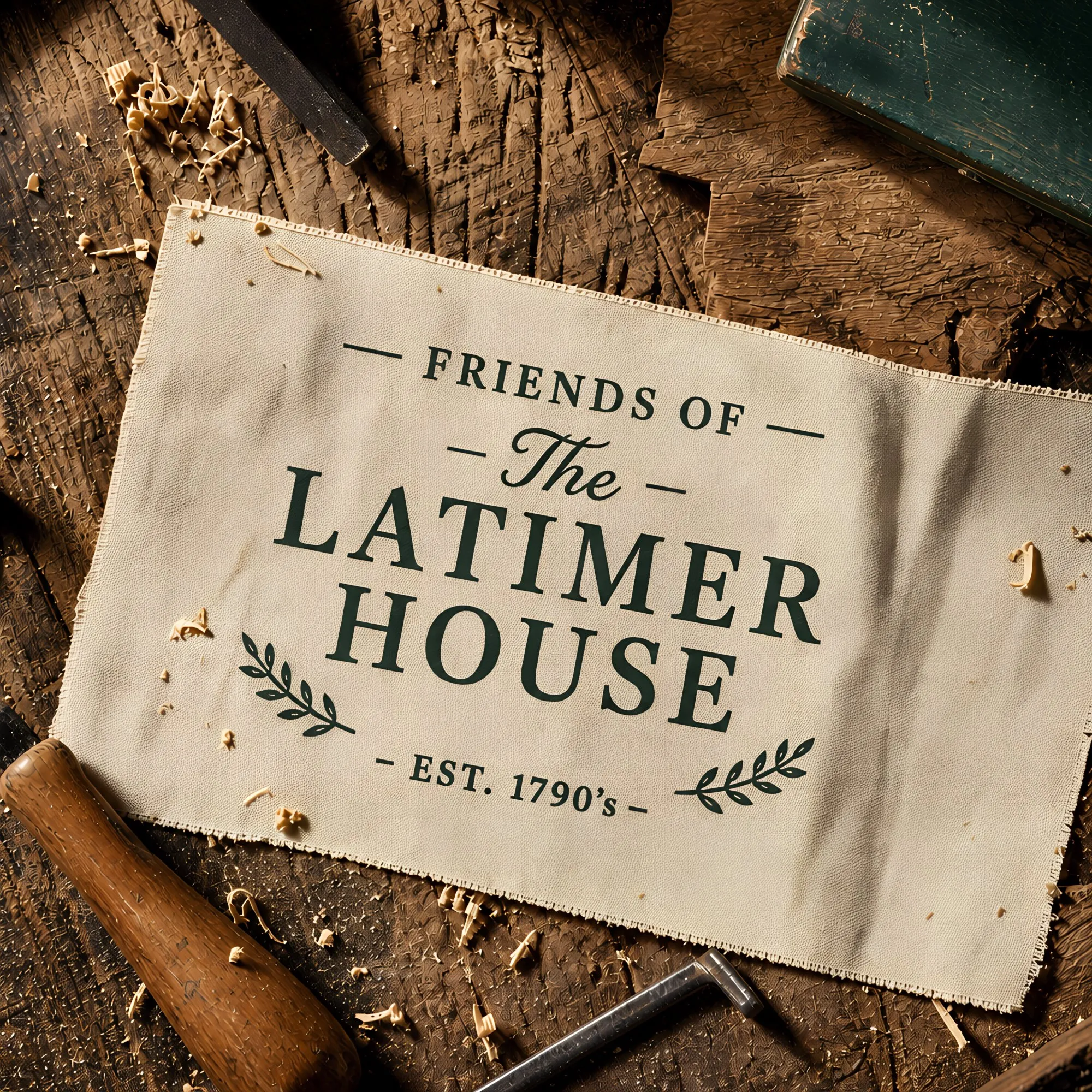 A canvas banner printed with the Latimer House wordmark on rough wooden boards