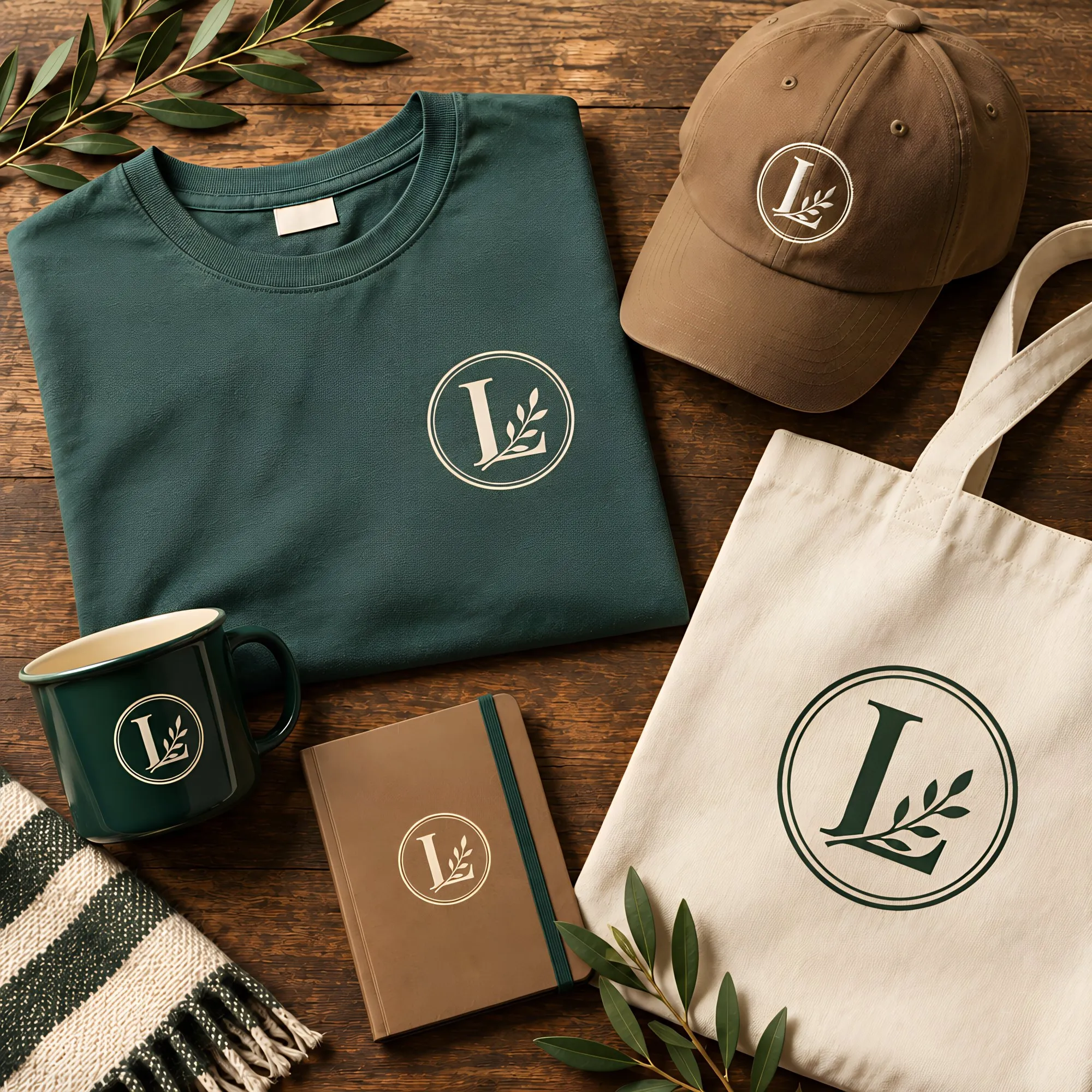 A green tee, a cap, a mug, a notebook and a tote, each with the L mark