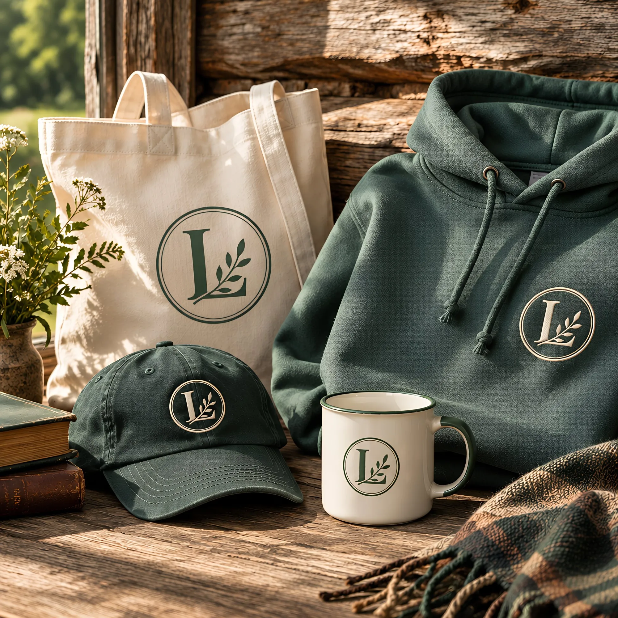 A tote, a green hoodie, a cap and an enamel mug, each with the L mark