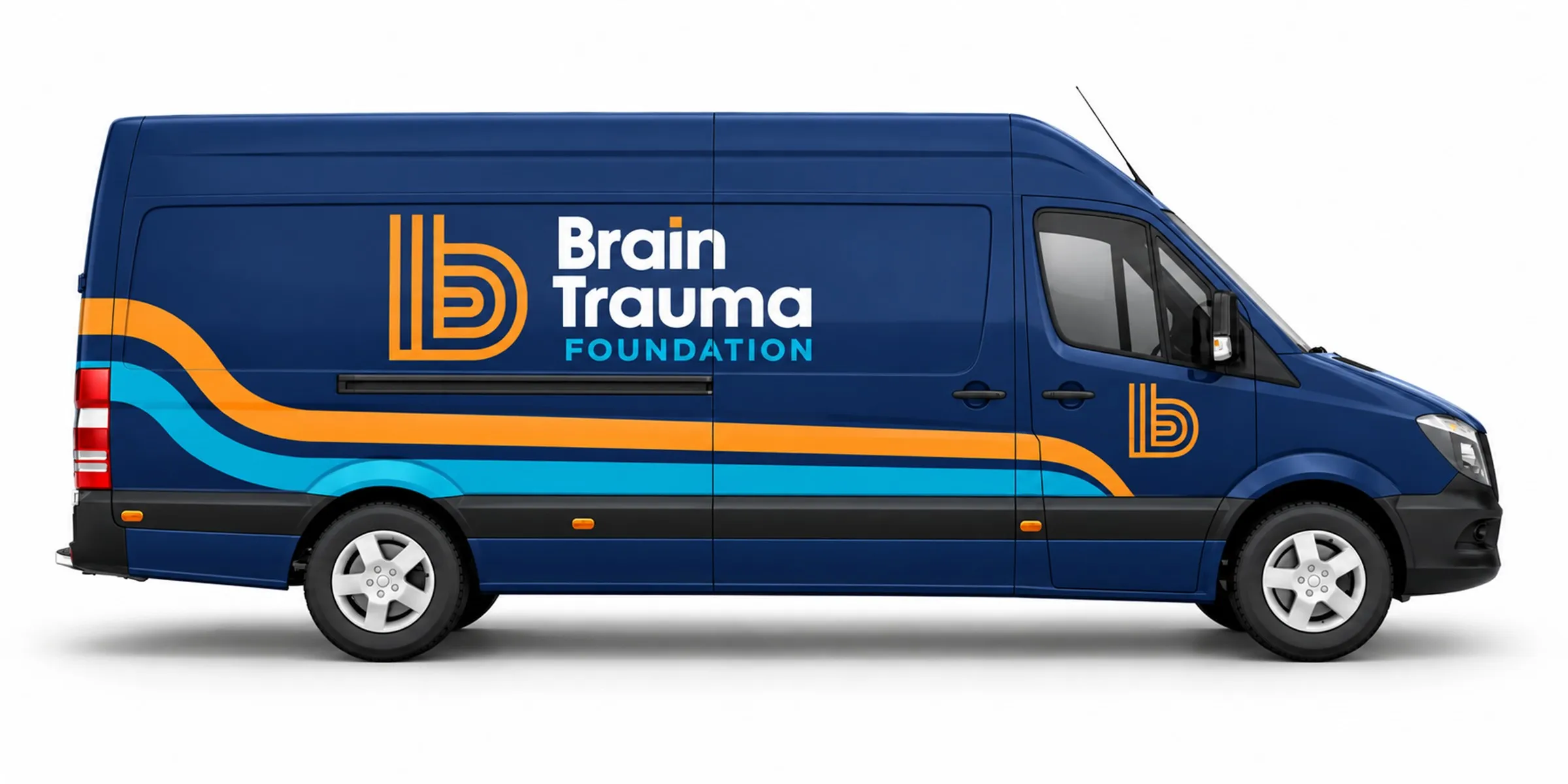 The outreach van shared with Stanford Medicine in two wraps: navy with orange and sky blue stripes and the logo, and (click to swap) a child’s profile dissolving into watercolor pines along the side