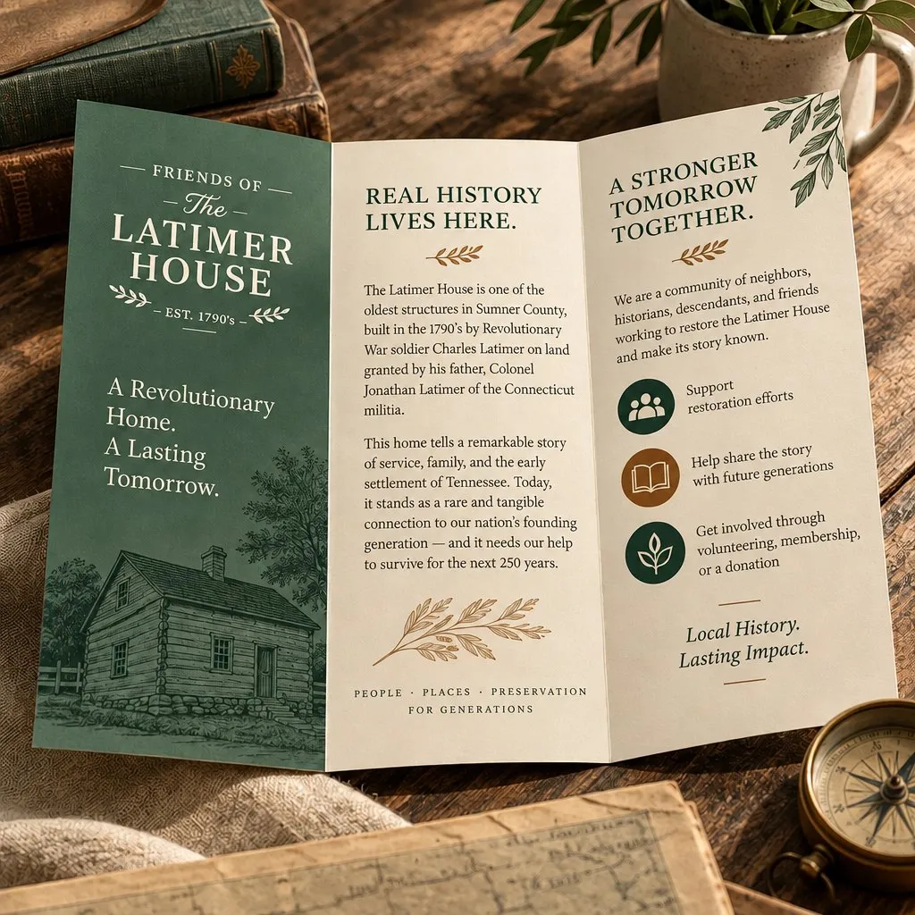 An open tri-fold brochure: real history lives here, and a stronger tomorrow together