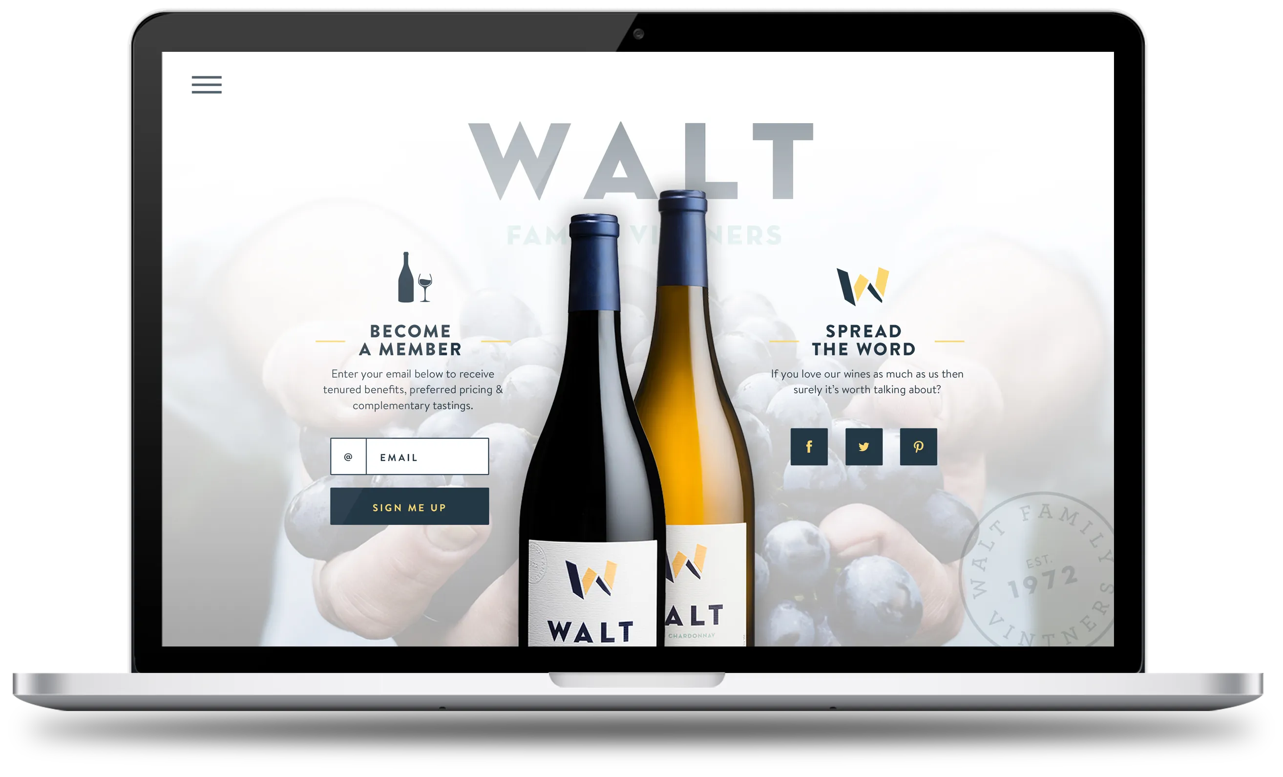 The WALT landing page concept on a laptop: two bottles over a WALT Family Vintners wordmark
