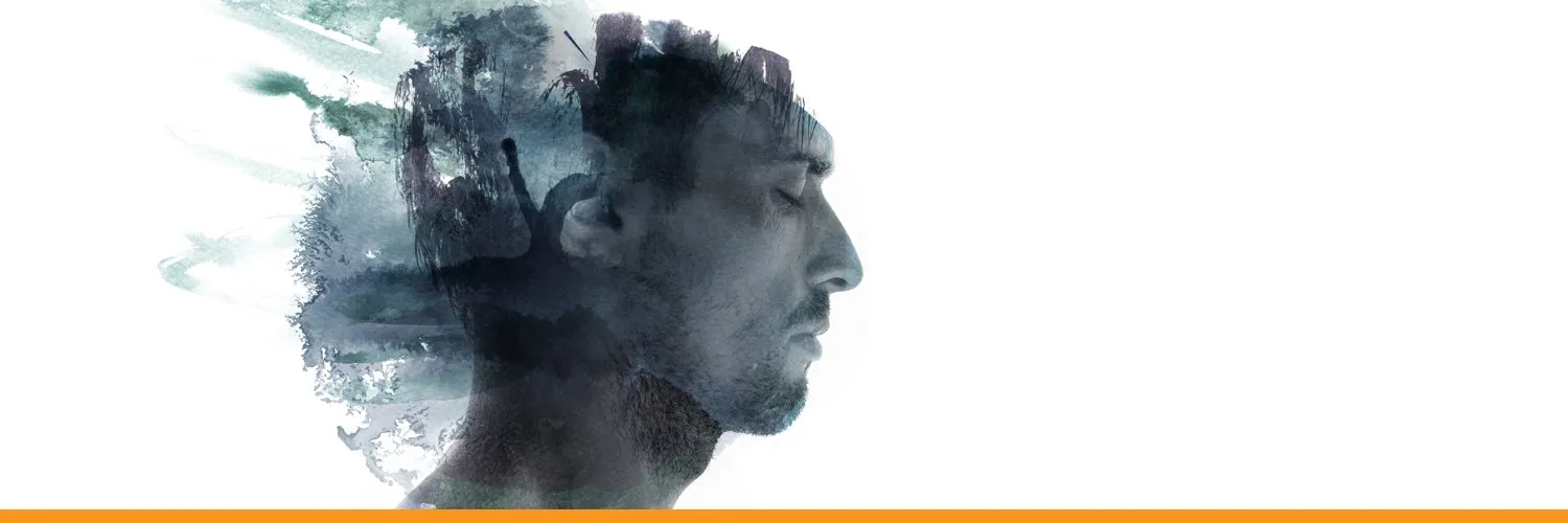 The Twitter cover: a man’s profile dissolving into ink, over an orange rule