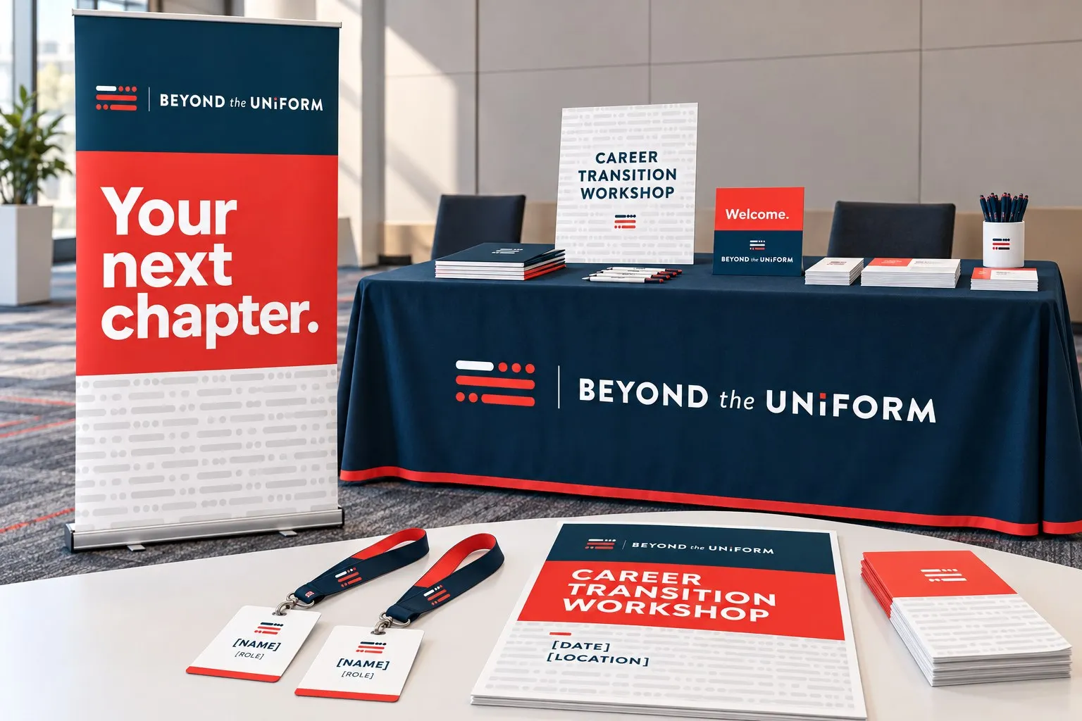 A workshop table in the brand colors, with a pull-up banner reading Your next chapter, lanyards and a Career Transition Workshop sign