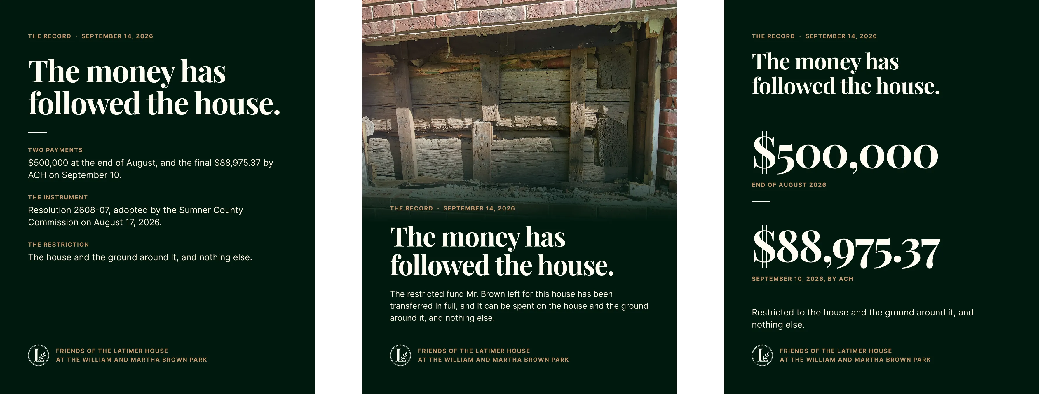 Three Facebook posts announcing that the money has followed the house, in forest green and parchment