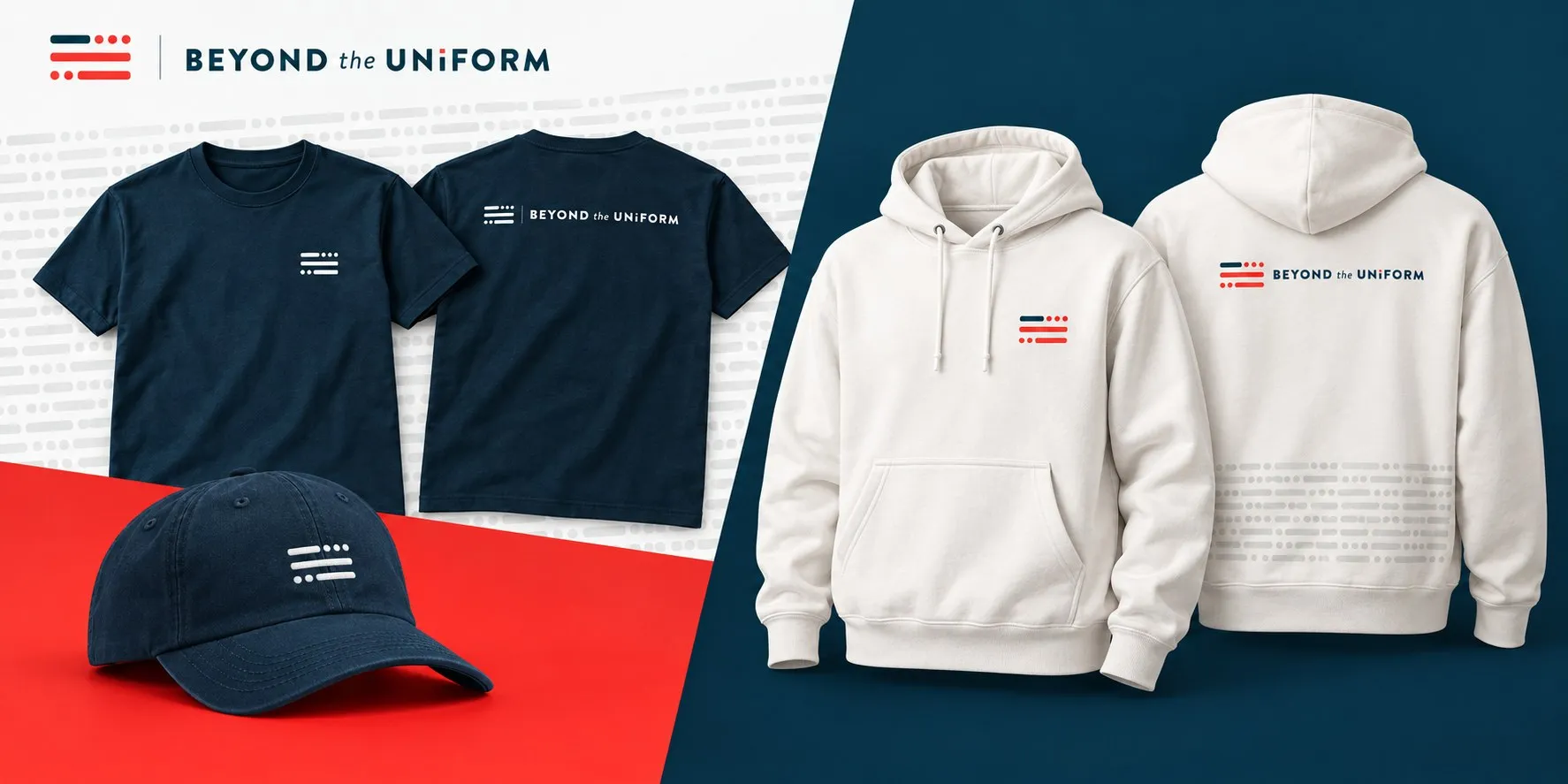 A navy T-shirt and a white hoodie with the flag