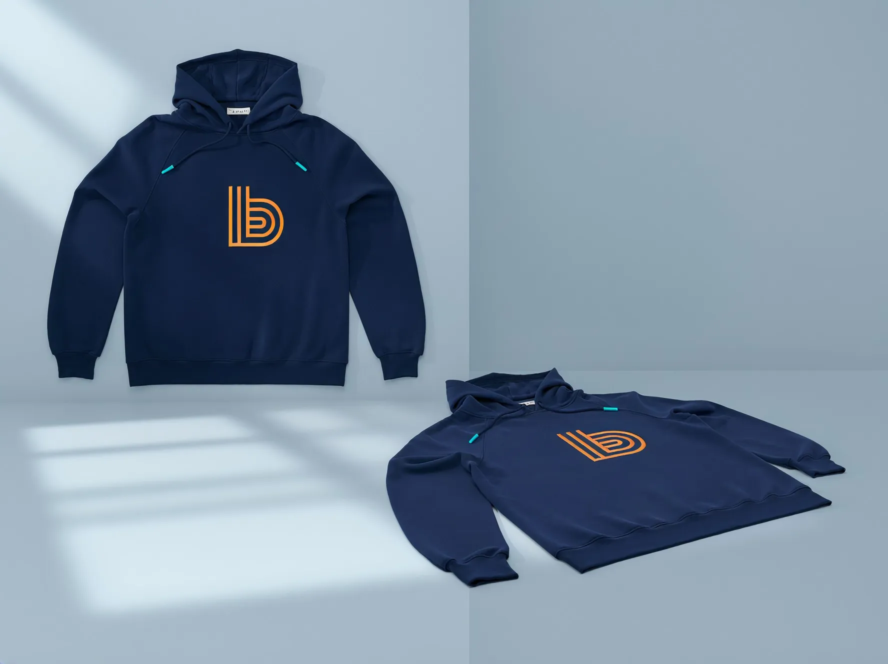 A navy hoodie and a folded sweatshirt with the orange b