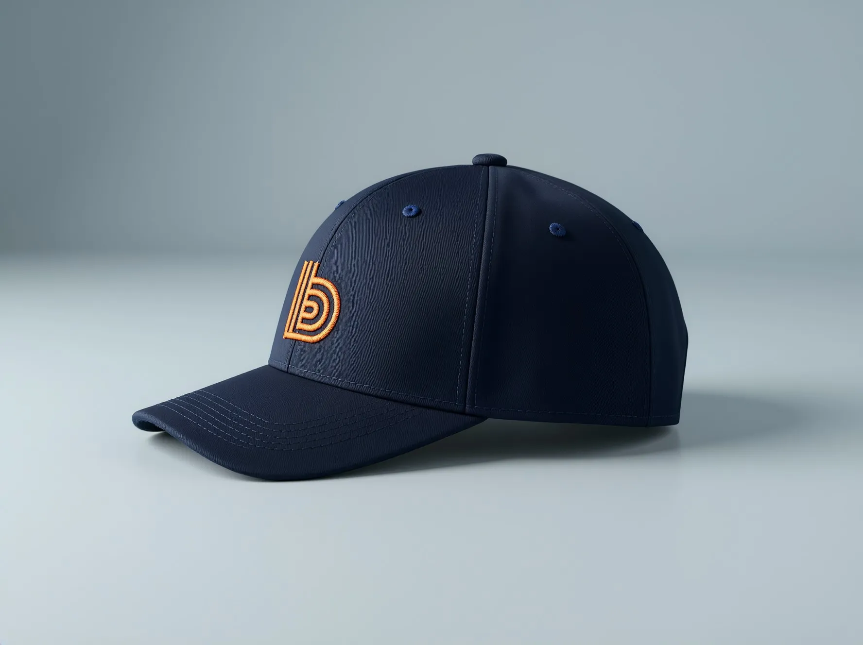 A navy ball cap with the orange b