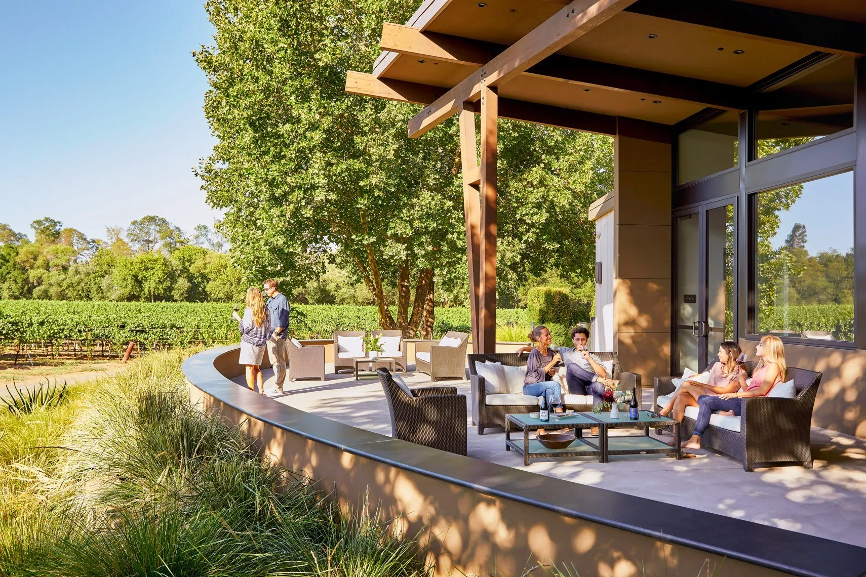 Friends relaxing on a shaded patio above the vineyard