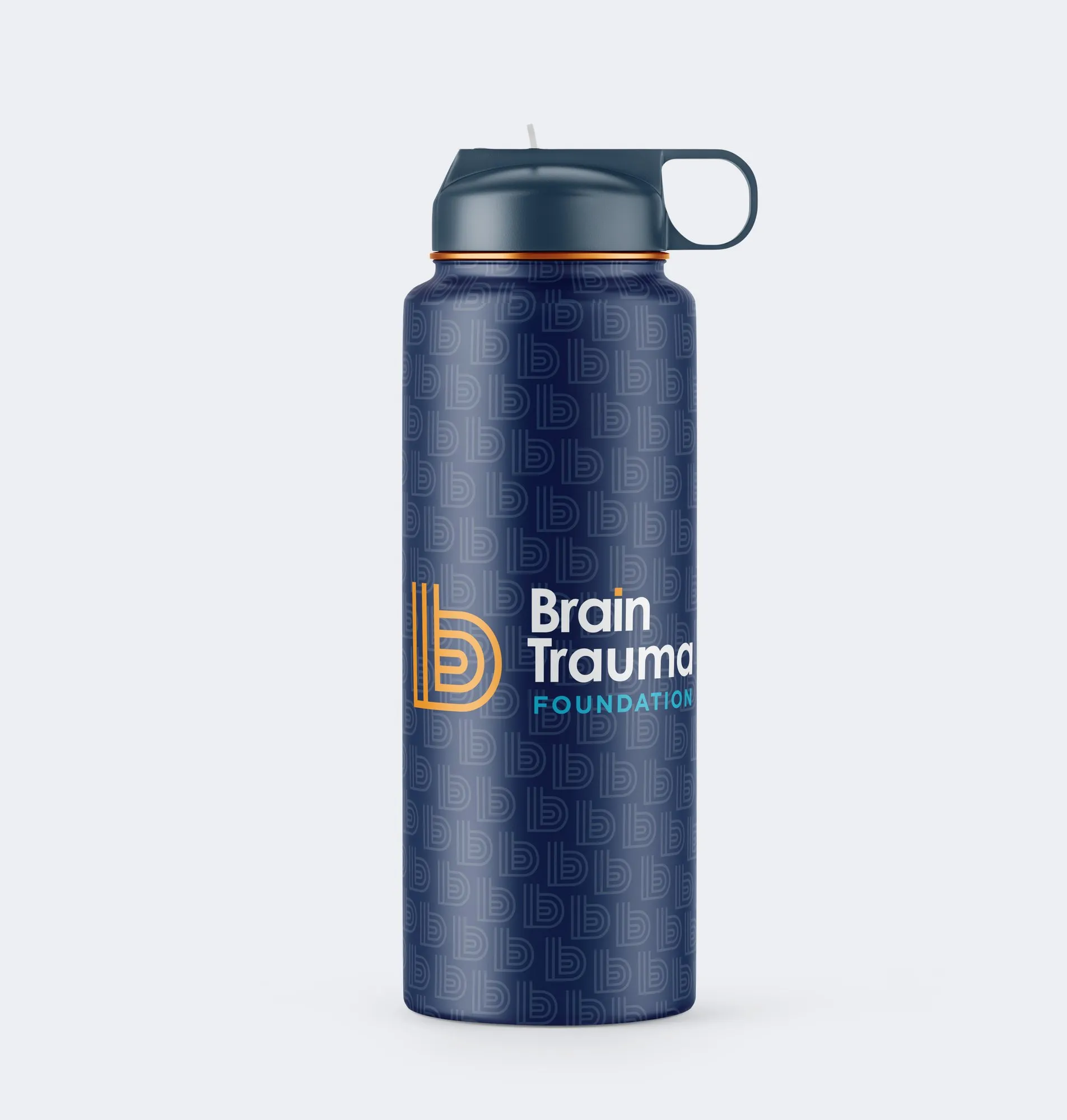 A navy water bottle with the logo
